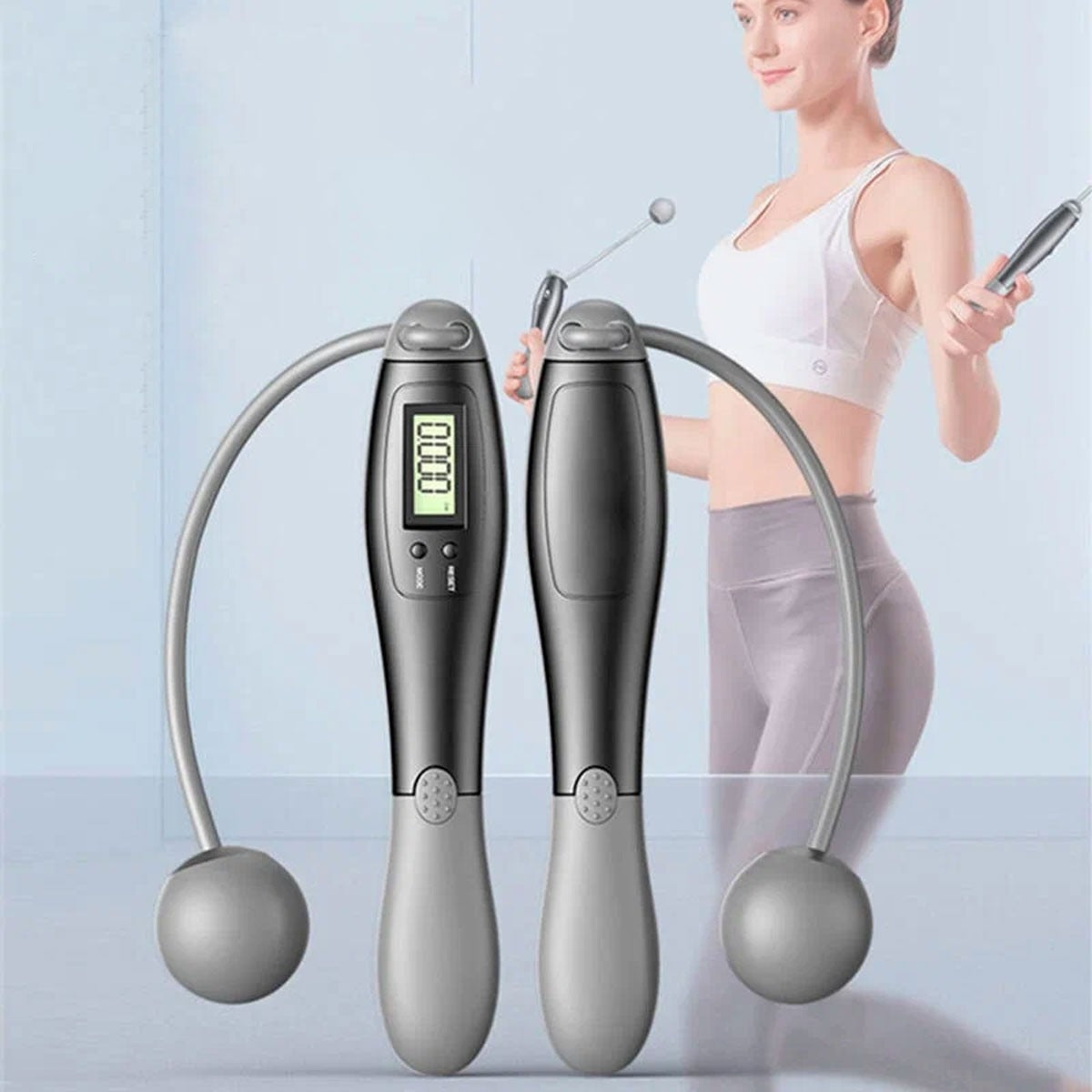 Grey cordless skipping rope with digital smart screen for fitness and weight loss