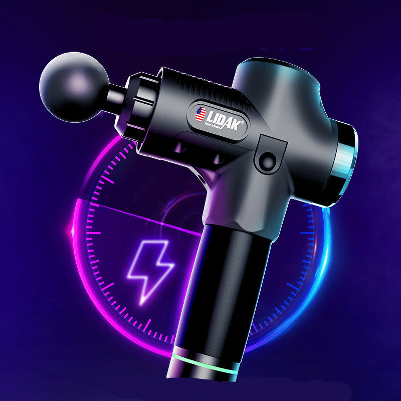 Fascia massage gun with six soft heads, 24V brushless motor, variable speed, and LCD control display