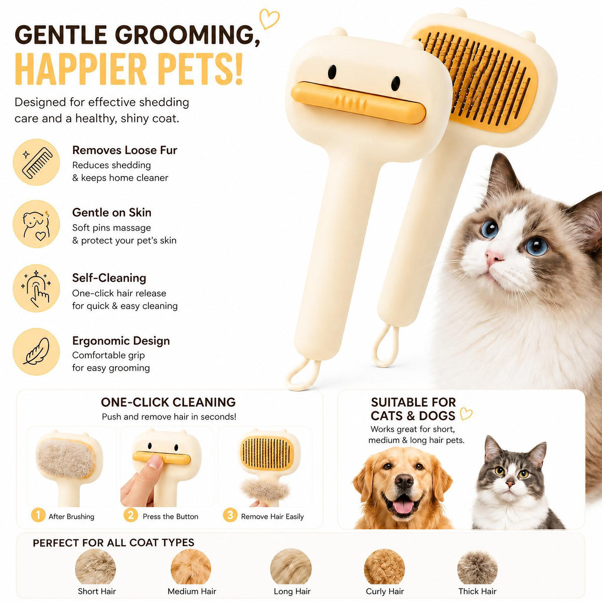 Cute Cartoon Bear Self-Cleaning Pet Brush