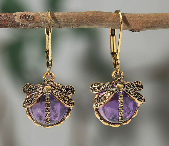 Vintage Dragonfly Pendant Earrings with Blue