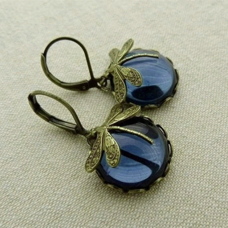 Vintage Dragonfly Pendant Earrings with Blue