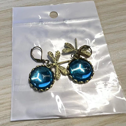Vintage Dragonfly Pendant Earrings with Blue