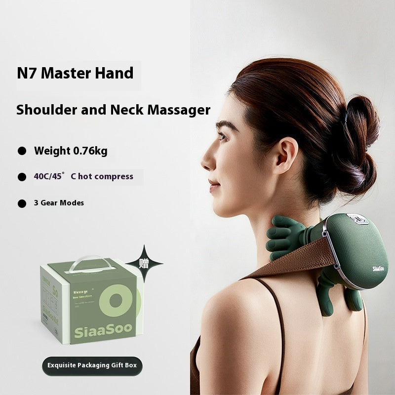 Rechargeable hand shoulder neck massager in moss green for adults, designed for family use.