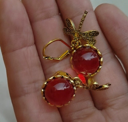 Vintage Dragonfly Pendant Earrings with Blue