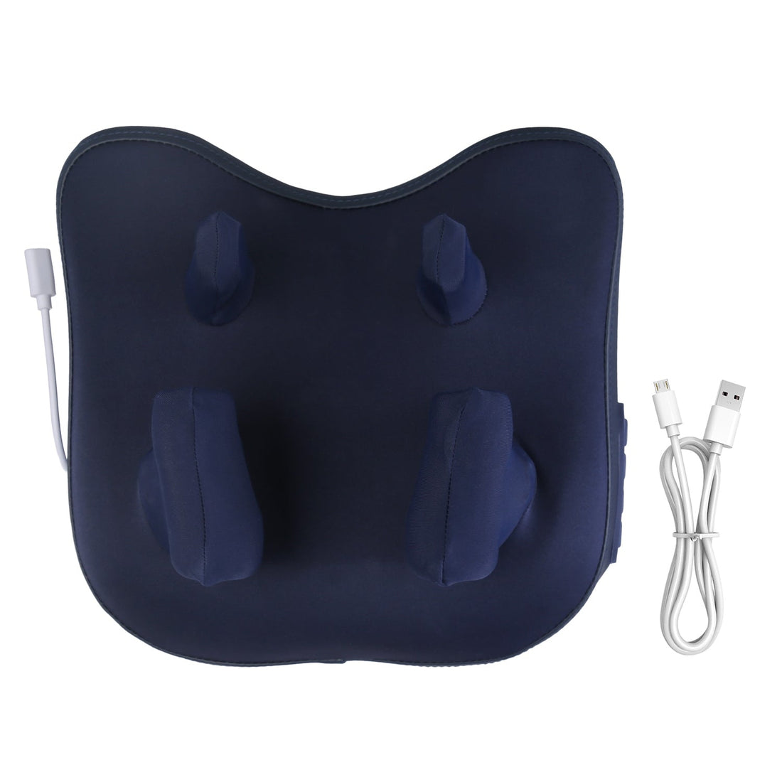 Cordless neck massager with 4D deep kneading, adjustable heating, and portable design in dark blue with storage bag and USB charging cable