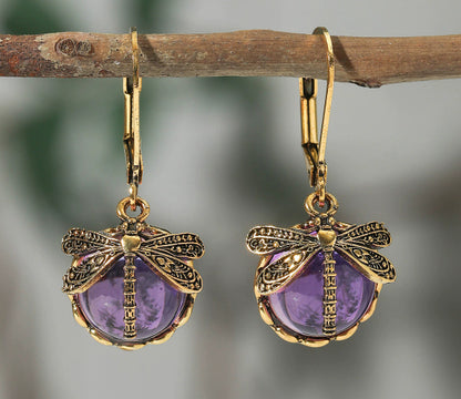 Vintage Dragonfly Pendant Earrings with Blue