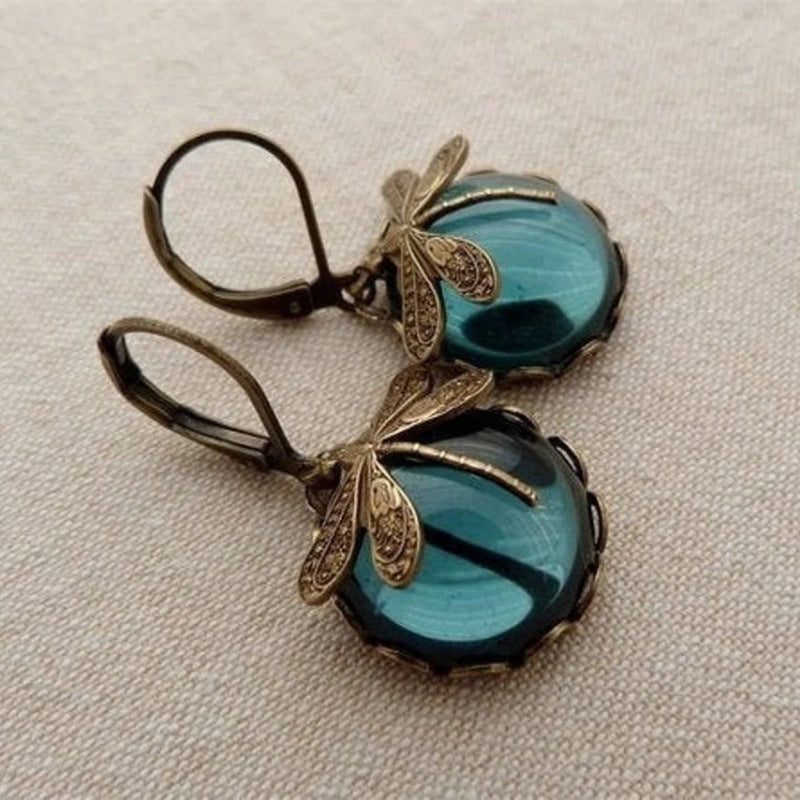 Vintage Dragonfly Pendant Earrings with Blue