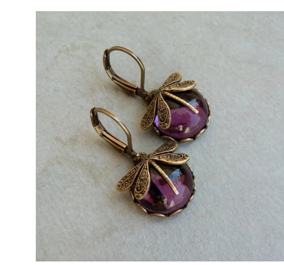 Vintage Dragonfly Pendant Earrings with Blue